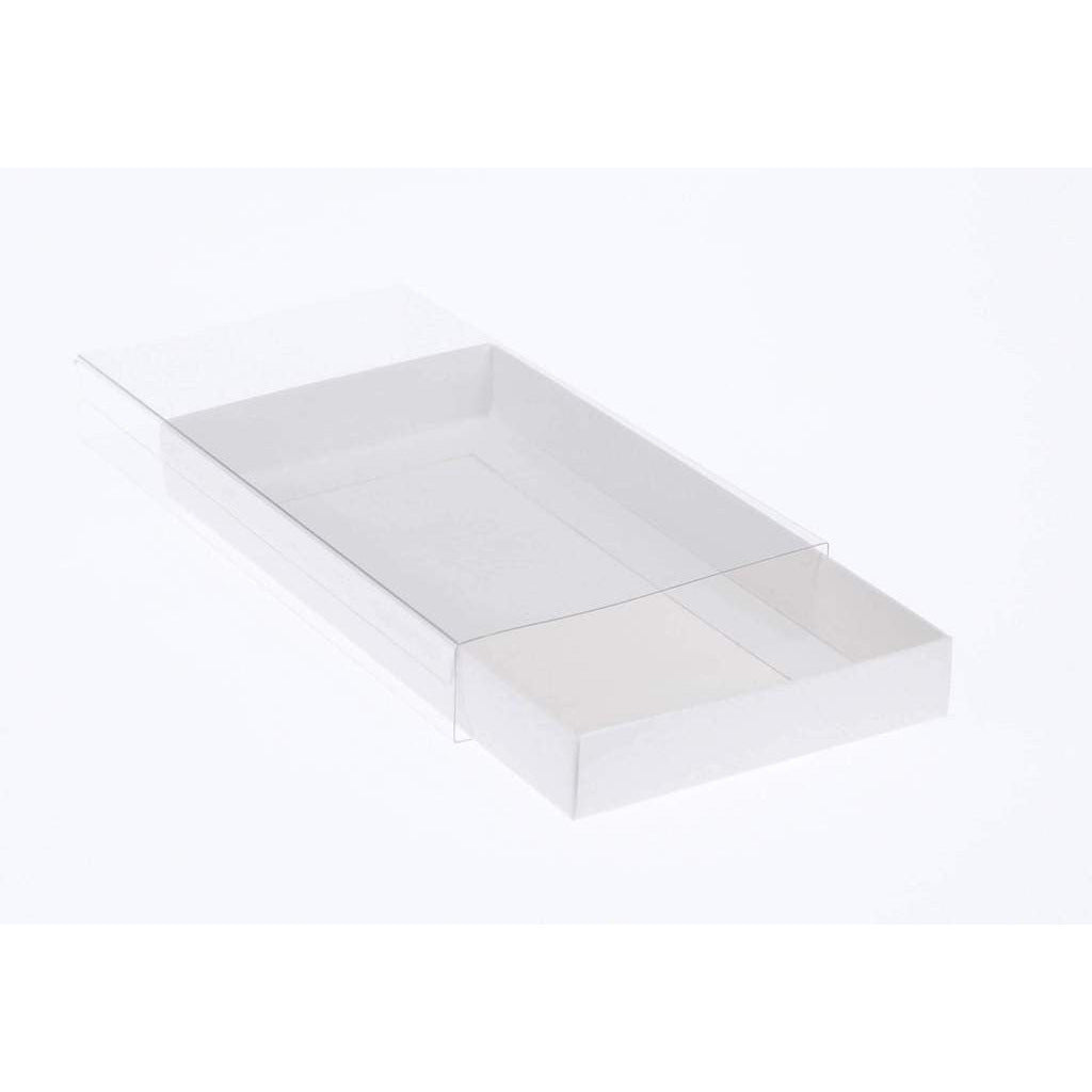 10 Pack of White Card Box - Clear Slide On Lid - 17 x 25 x 5cm - Large Beauty Product Gift Giving Hamper Tray Merch Fashion Cake Sweets Xmas