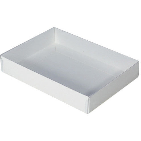 10 Pack of White Card Box - Clear Slide On Lid - 30 x 20 x 8cm - Large Beauty Product Gift Giving Hamper Tray Merch Fashion Cake Sweets Xmas