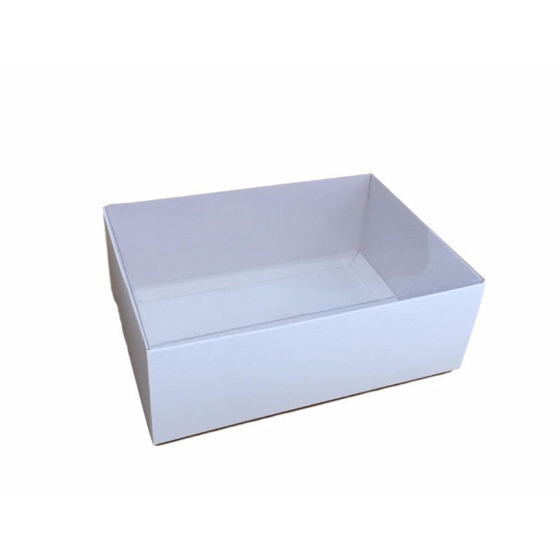 10 Pack of White Card Box - Clear Slide On Lid - 30 x 20 x 8cm - Large Beauty Product Gift Giving Hamper Tray Merch Fashion Cake Sweets Xmas