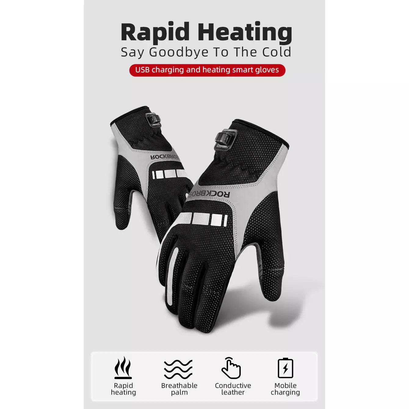 MTB Heated Gloves XLarge for Mountain Road Bike Breathable Winter Autumn Cycling Camping Running Outdoor Sport Rockbros