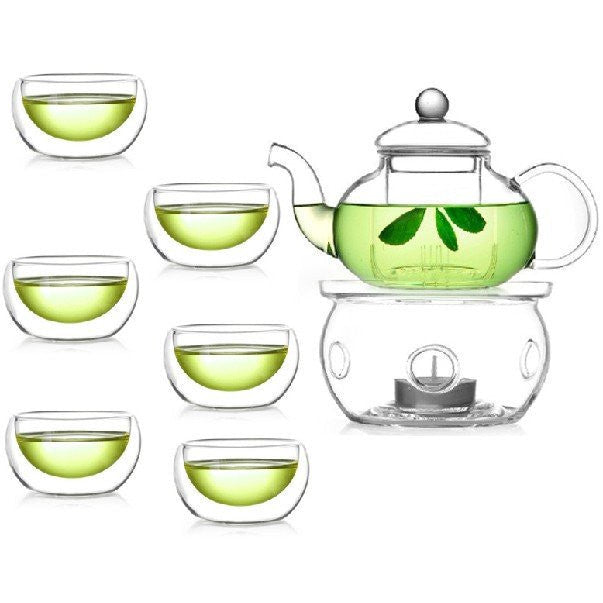 1 Set of Gongfu Chinese Ceremony Tea Set - 6 Glass cups with Infuser and Tealight Candle Pot Warmer