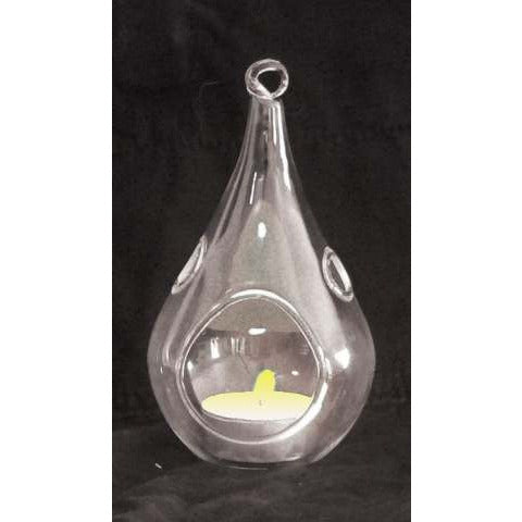 4 Pack of Hanging Clear Glass Tealight Candle Holder Tear Drop Pear Shape - 12cm High - Terrarium Plant Mini Garden Holder Decor