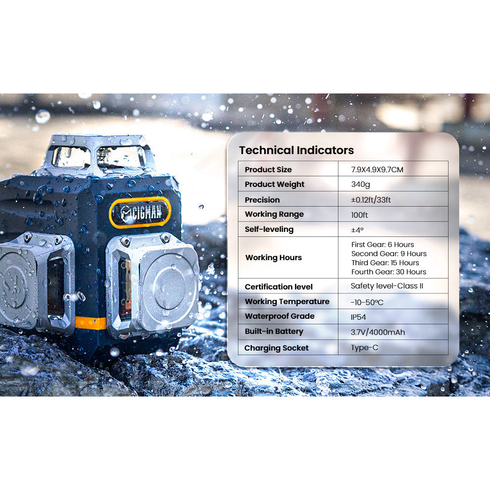 CIGMAN Laser Level Self Leveling 3x360° 3D Green Cross Line for Construction and Picture Hanging, Rechargeable battery, Remote Controller, Magnetic Rotating Stand Included