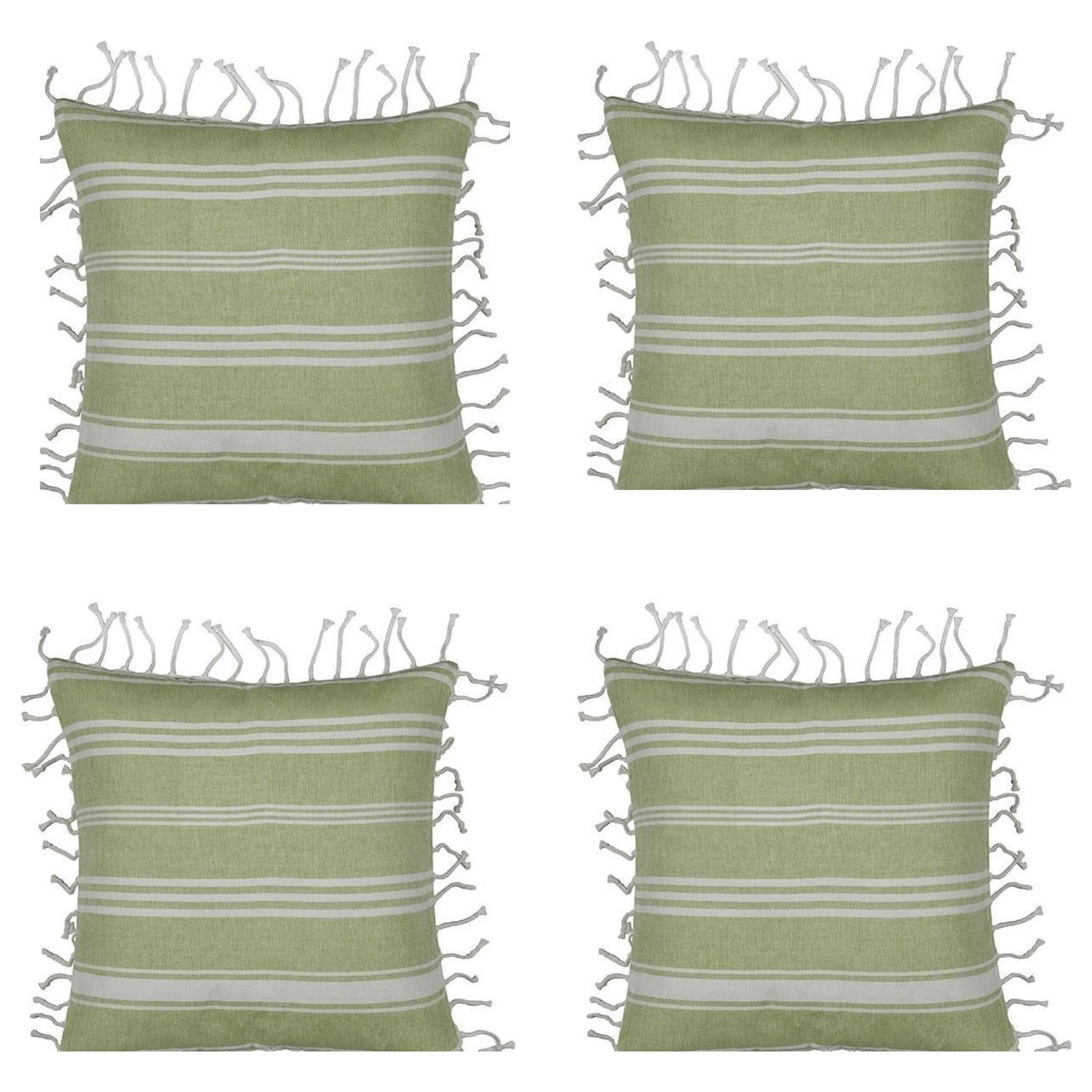 Pack of 4 Fresh Green & White Striped Cushion Cover with white knotted edging