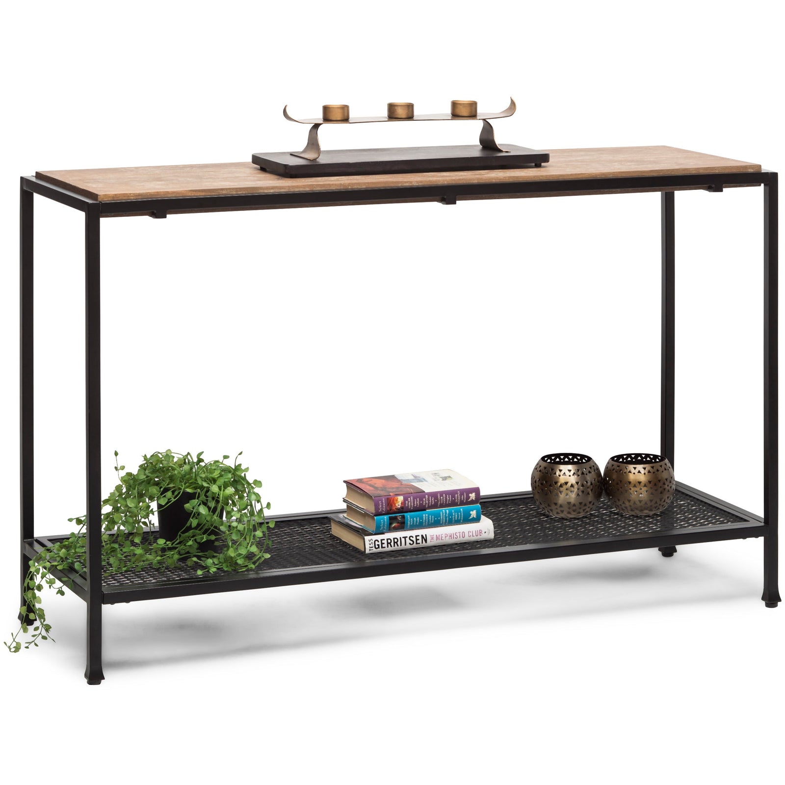Black Iron Hallway Console Table with Distressed Wood Top