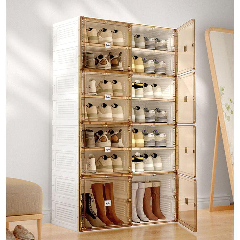 Kylin Cubes Storage Folding Shoe Cabinet With 2 Column & 7 Grids & 4 Brown Door