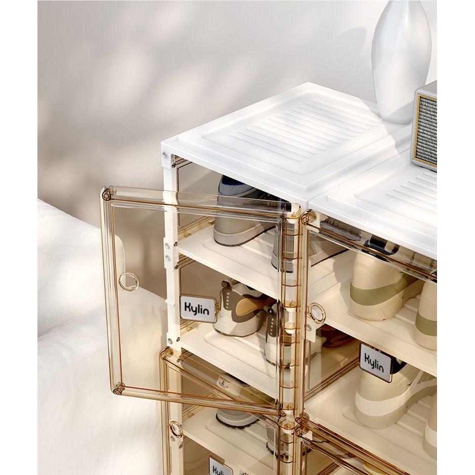 Kylin Cubes Storage Folding Shoe Cabinet With 2 Column & 7 Grids & 4 Brown Door
