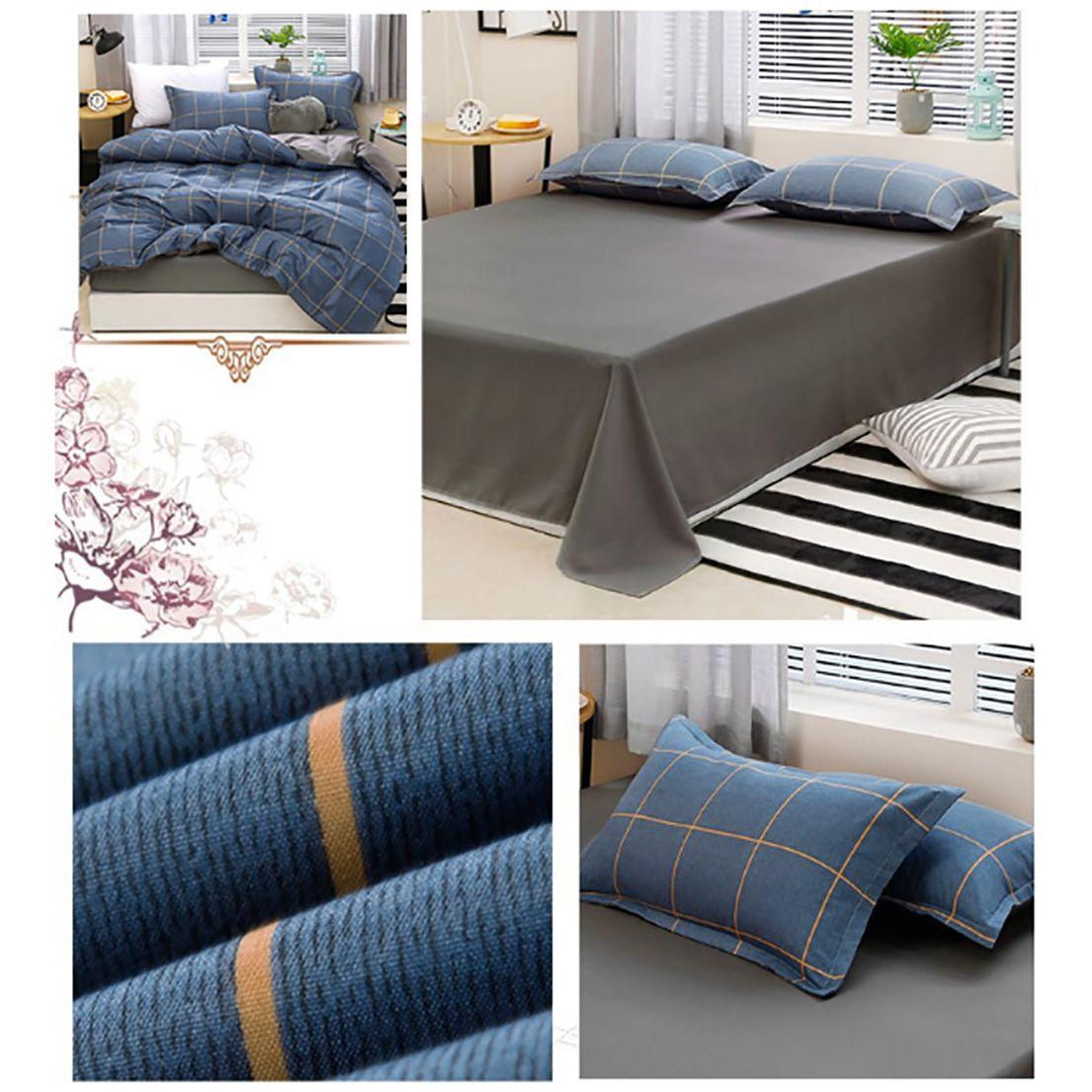 Blue Plaid Pattern Aloe Cotton Flat Sheet Quilt Cover Pillowcases 4pcs Bedding Set Duvet Doona Quilt Cover Set