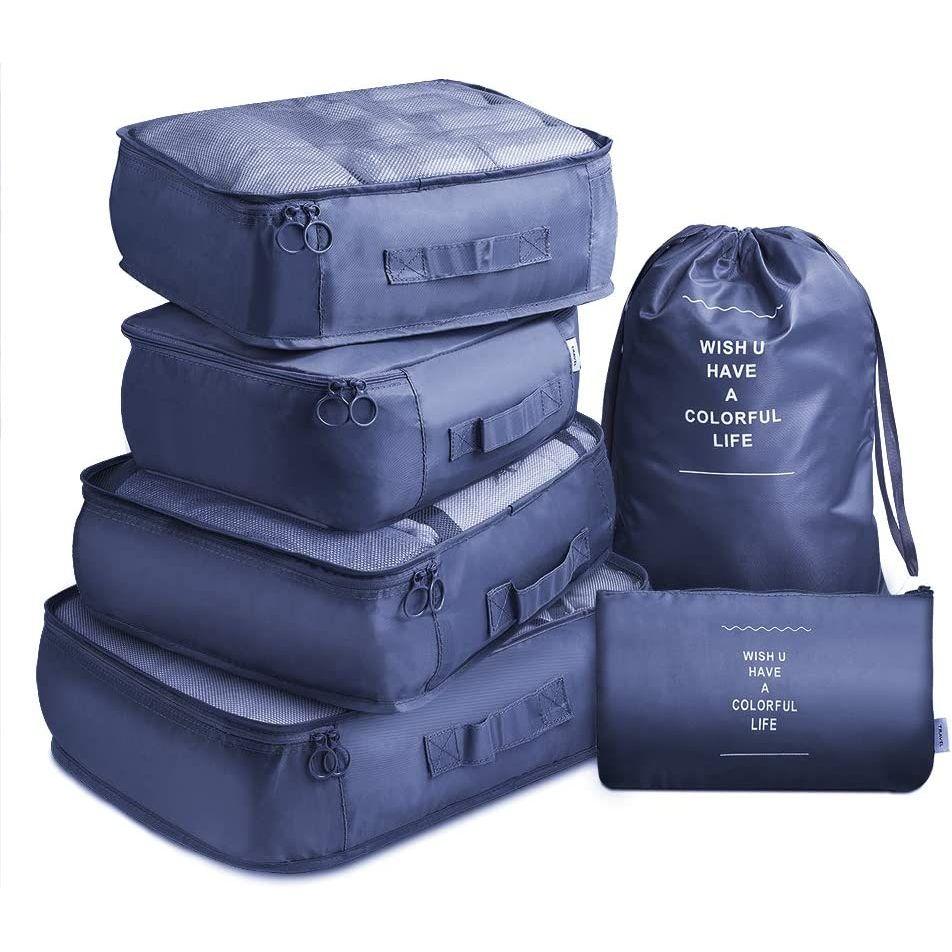 6 Pcs Waterproof Compression Packing Cubes Large Travel Luggage Organizer Storage (Navy)