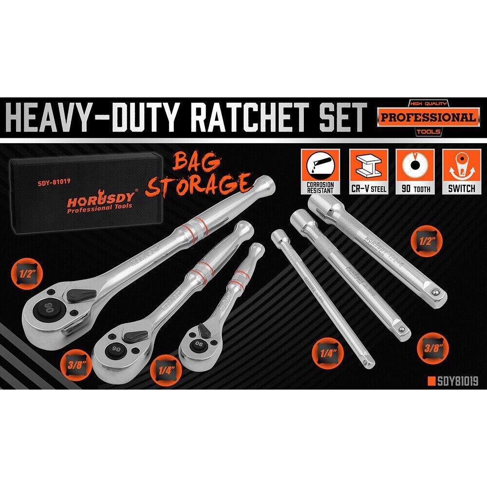 Mini Ratchet Spanner 1/2 3/8 1/4 Drive 90 Tooth Extension Bar Workshop With Bag