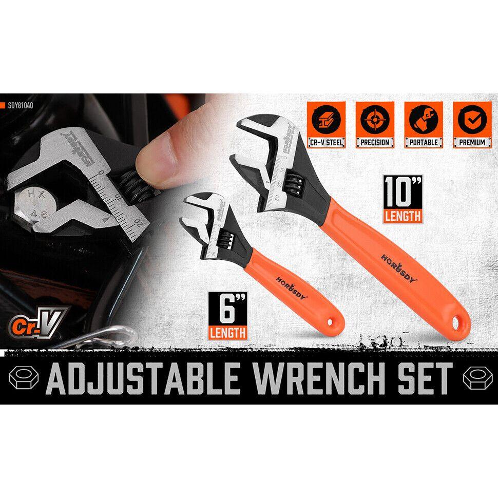 2x Adjustable Wrench Set 6" 10" Wide Jaw Spanner Cr-V Steel Workshop Metric SAE