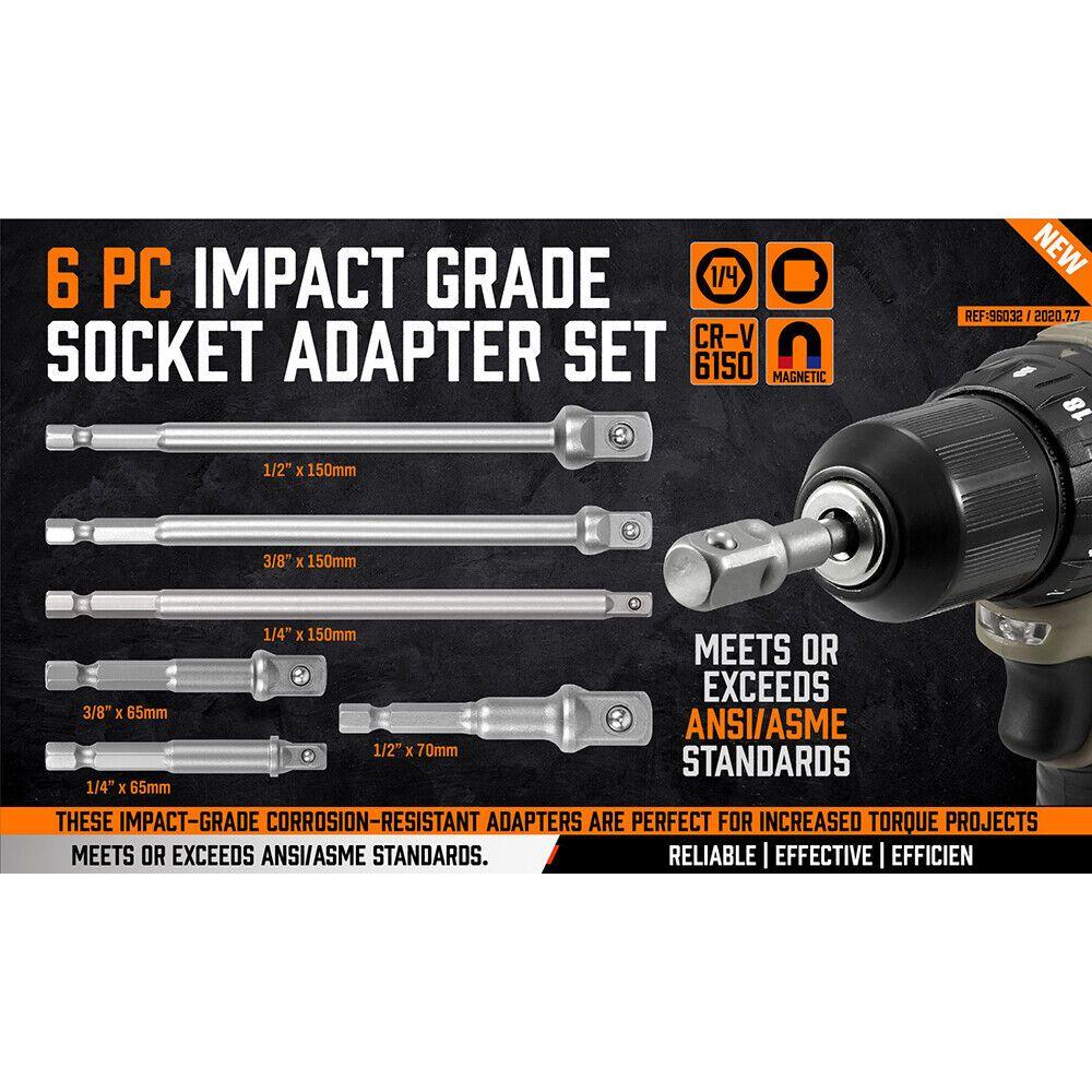 6Pc Drill Socket Adapter Set Long Short Combination Extension Impact Nut Driver