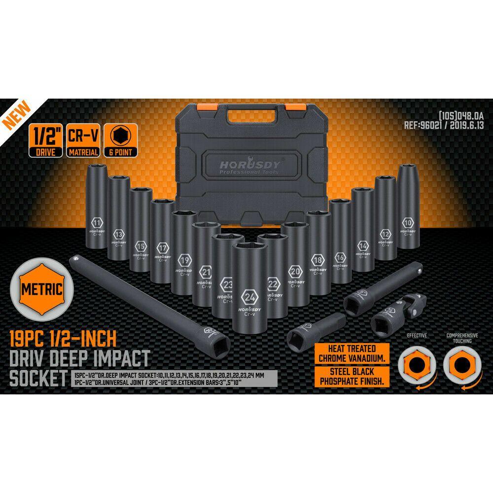 19Pc Deep Socket Set Impact 1/2" Drive Extension Bars Flexible Adapter 10-24mm
