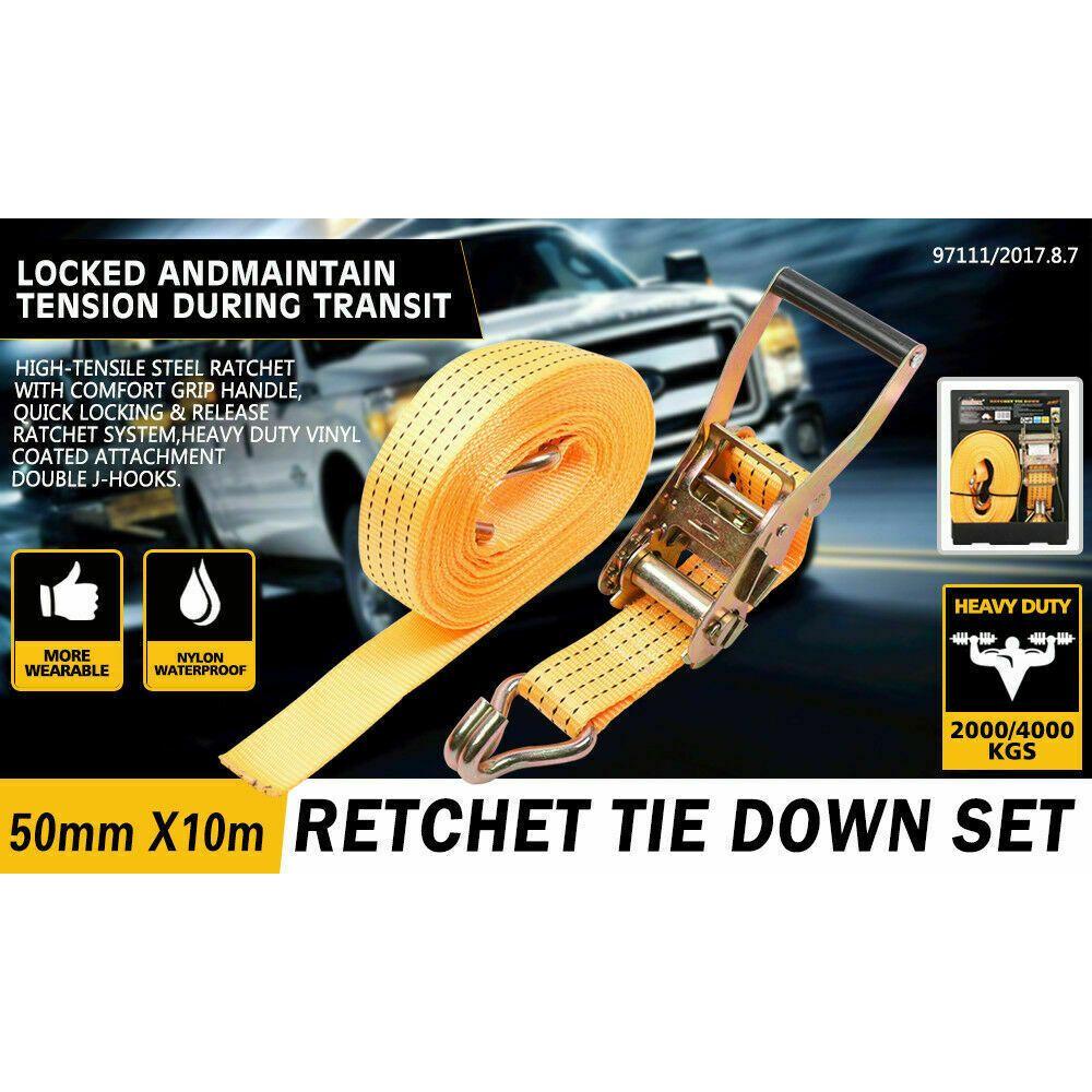 50mm x 10M Tie Down Strap Heavy Duty Ratchet Straps Trailer Boat 2000KG Loading