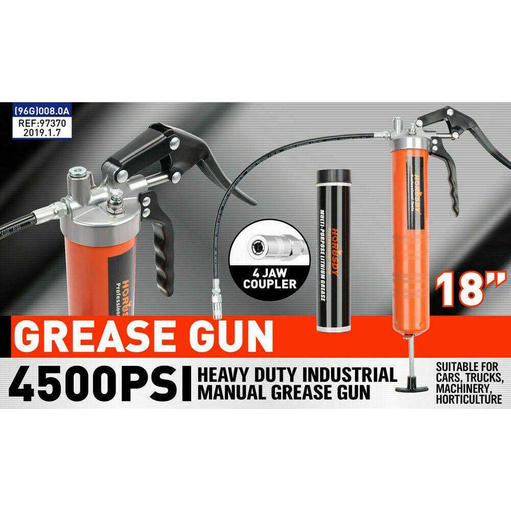 18'' Manual Pistol Grip Grease Gun Flow Pressure 4500PSI Flexi Hose & Coupler