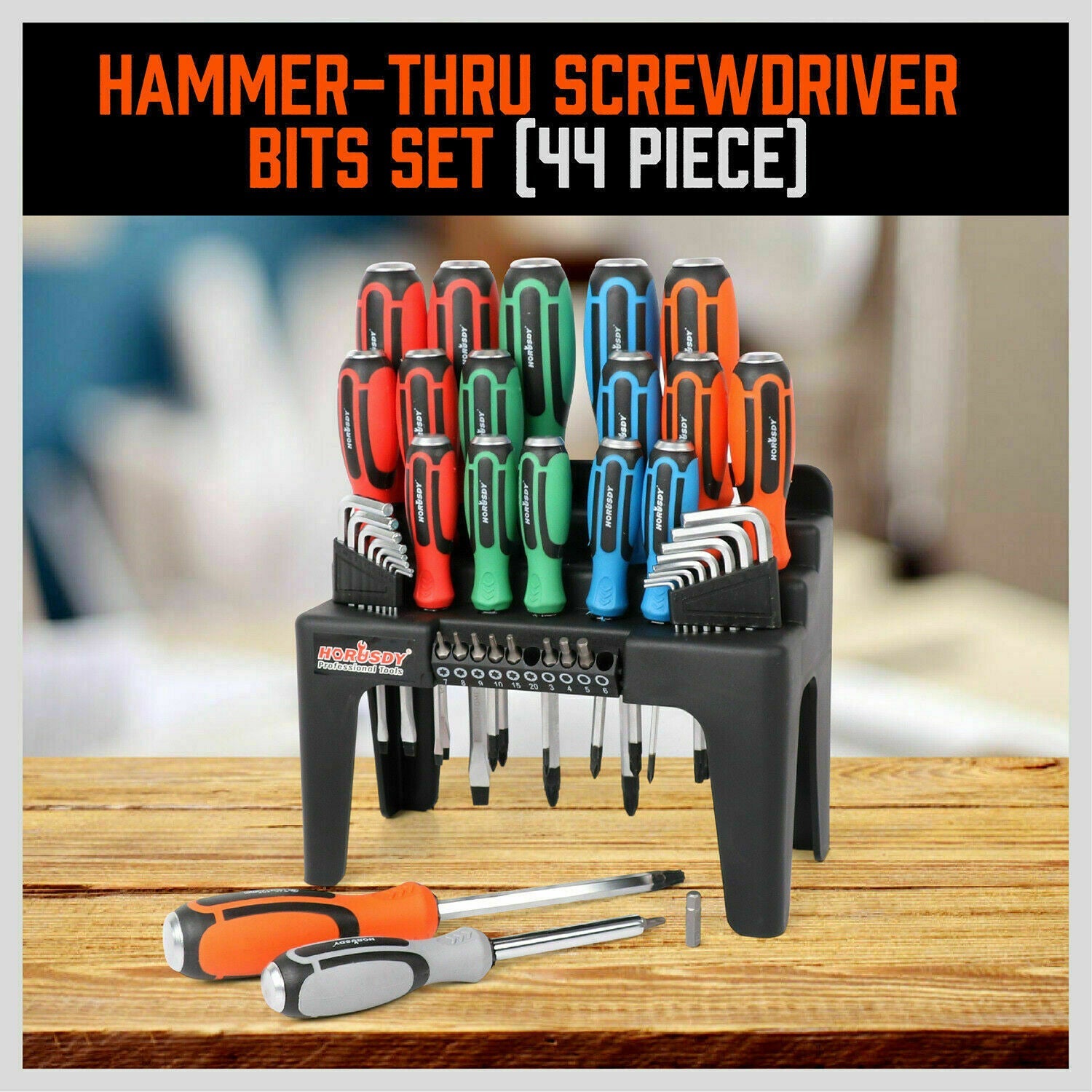 44-Piece Impact Screwdriver Set with Magnetic Bits, High Torque Hex Keys and Rack with Color Grip
