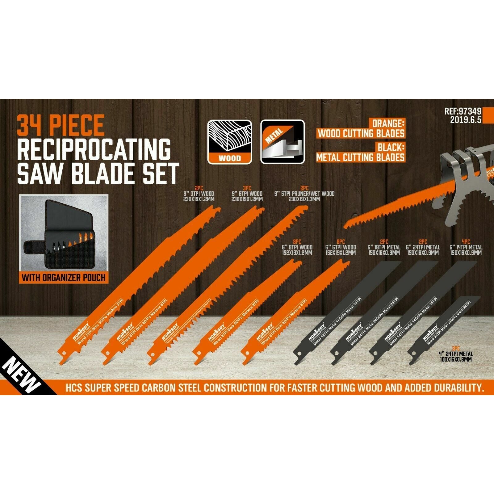 34-Piece Reciprocating Saw Blade Set Wood and Metal Cutting Blades with Storage Pouch