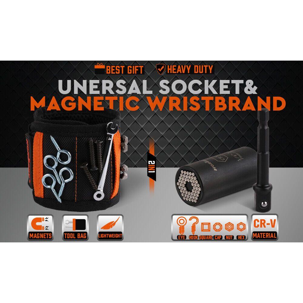 Magnetic Wristband & Universal Socket Grip 7-19mm Magnets Screws Nails Holder