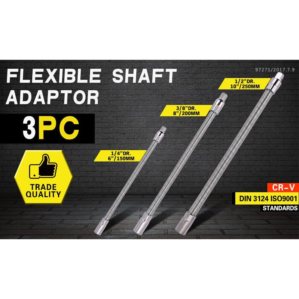 3PC Flexible Socket Extension Bars Shaft Set 1/2" 1/4" 3/8" Drive 10" 8" 6" Long