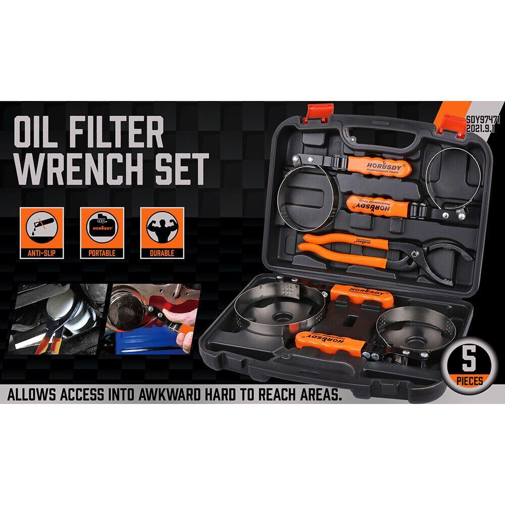 5Pc Oil Filter Wrench Set Swivel Grip Steel Belt Spanner Universal Filter Remove