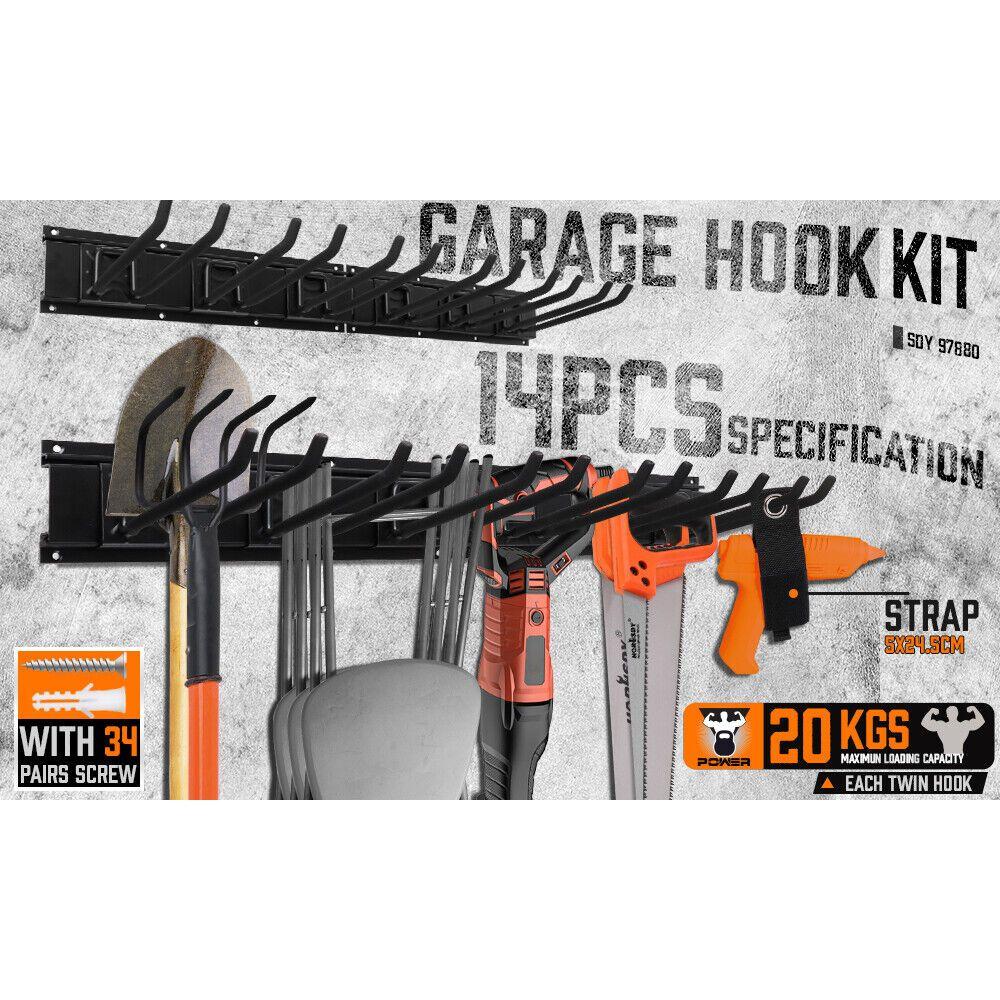 Wall Mounted Hook Rail Set Bike Holder Garden Tool Storage Rack Garage Organizer