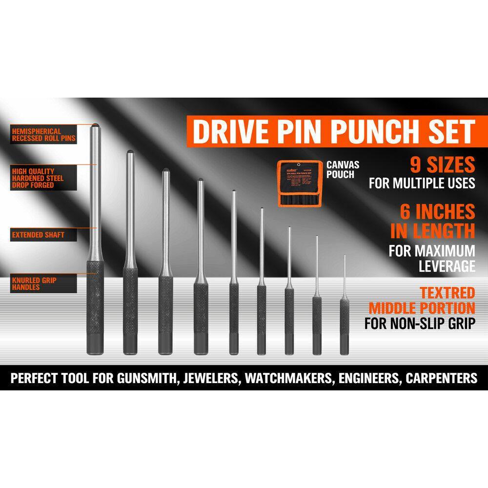 9Pc Roll Pin Punch Set Bolt Catch Gun Building Removing Repair Tool Canvas Pouch