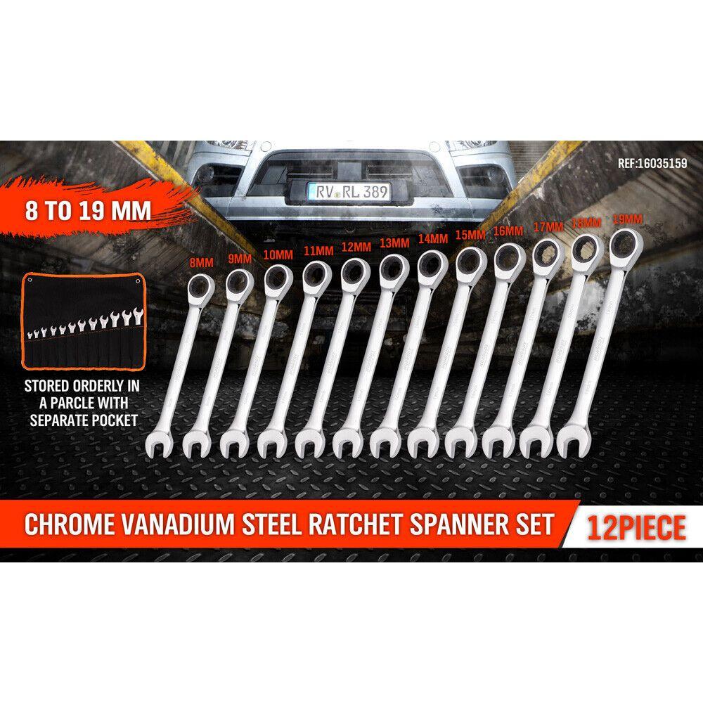 12Pc Ratchet Spanner Set Metric Open & Ring Wrenches 8-19mm CR-V + Rolling Bag