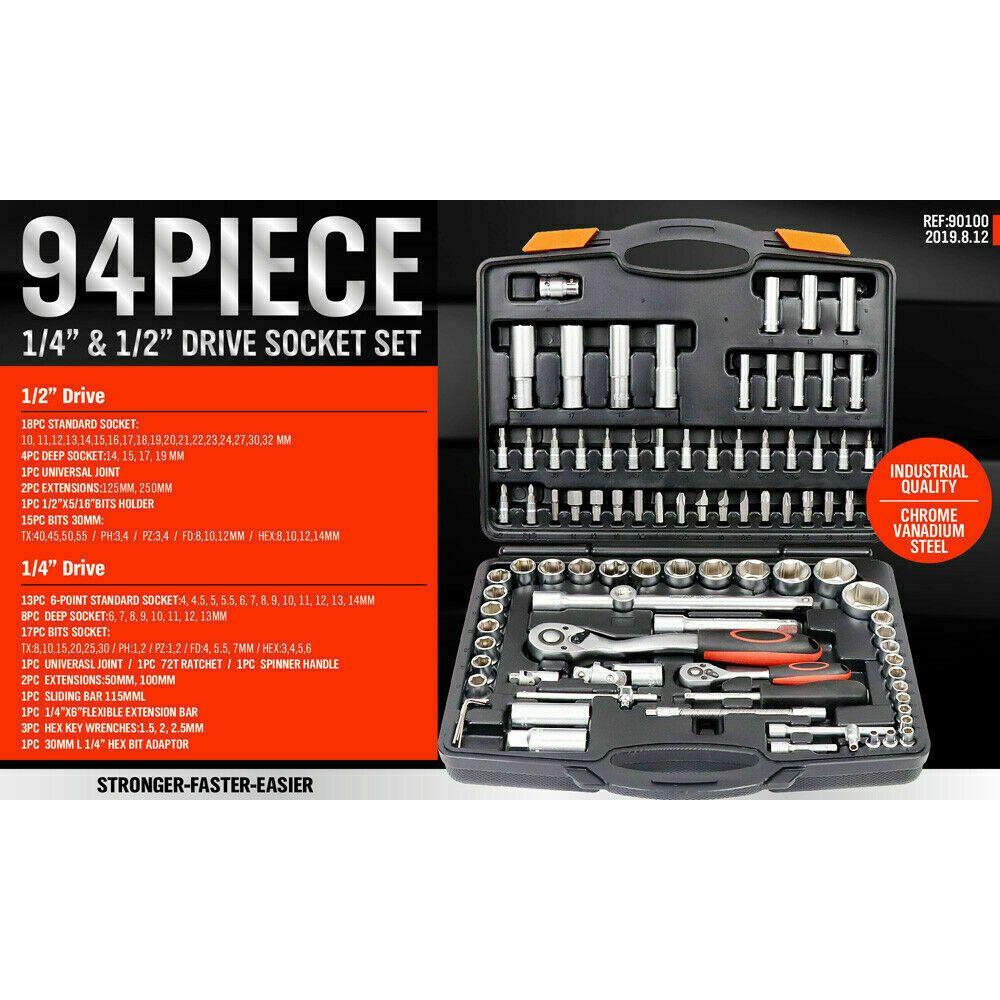 94Pc Socket Ratchet Wrench Set Screwdriver Bits Extension Torx Hex 1/4" 1/2" Dr.
