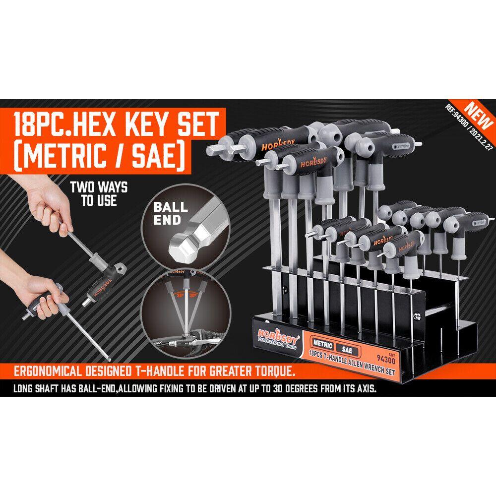18-Piece T-Handle Hex Key Set, SAE/Imperial & Metric Sizes Allen Wrench Set Long Arm with Ball End