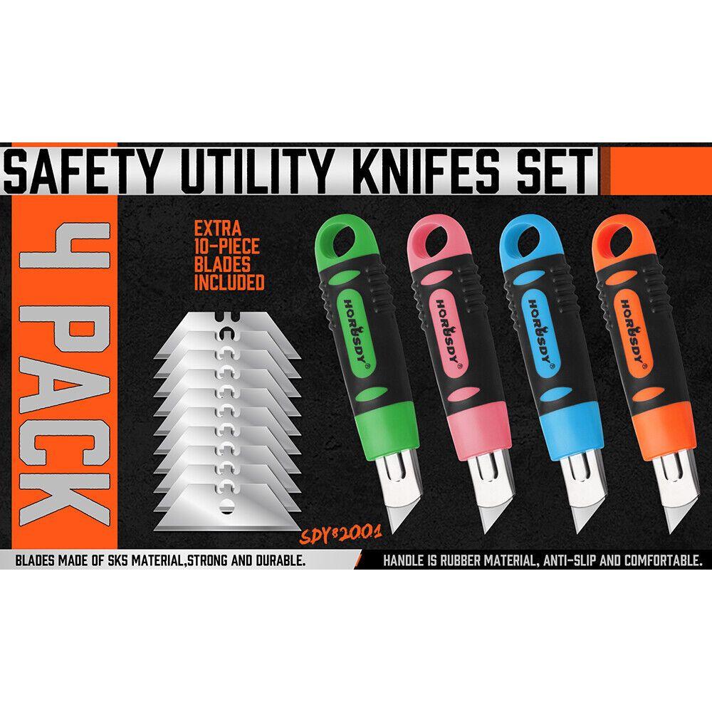 4Pc Box Cutter Snap Off Utility Knife Retractable Grip Handle 10x Spare Blades