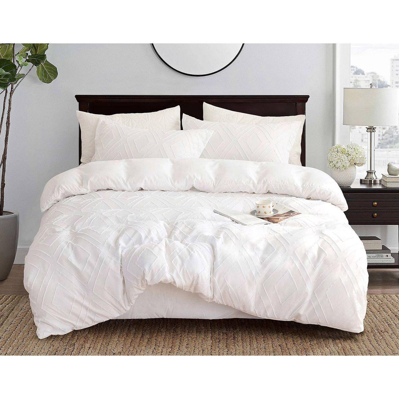 Tufted Diamond Jacquard Super King Size White Duvet Doona Quilt Cover Set