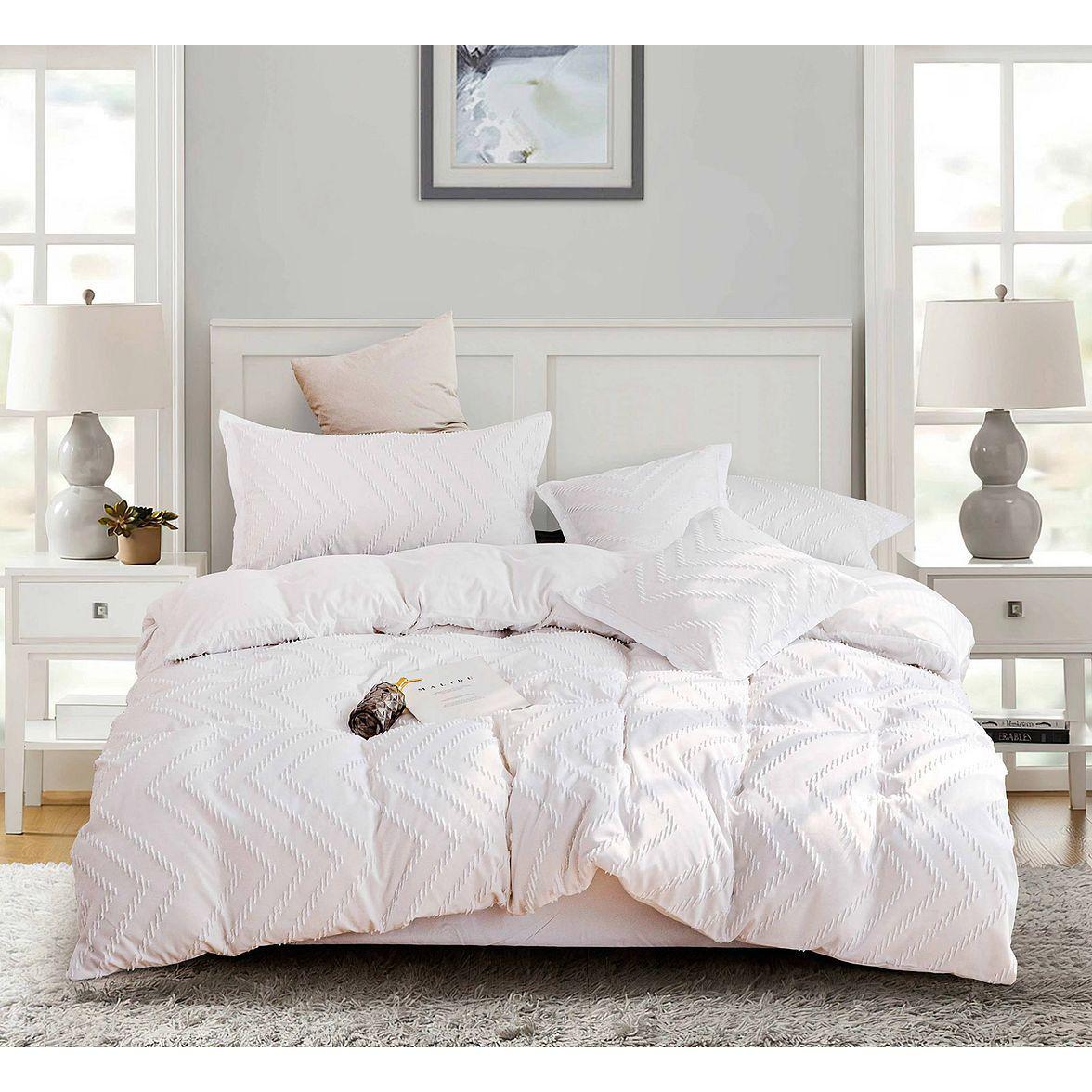 Tufted Boho Wave Jacquard Super King Size White Duvet Doona Quilt Cover Set