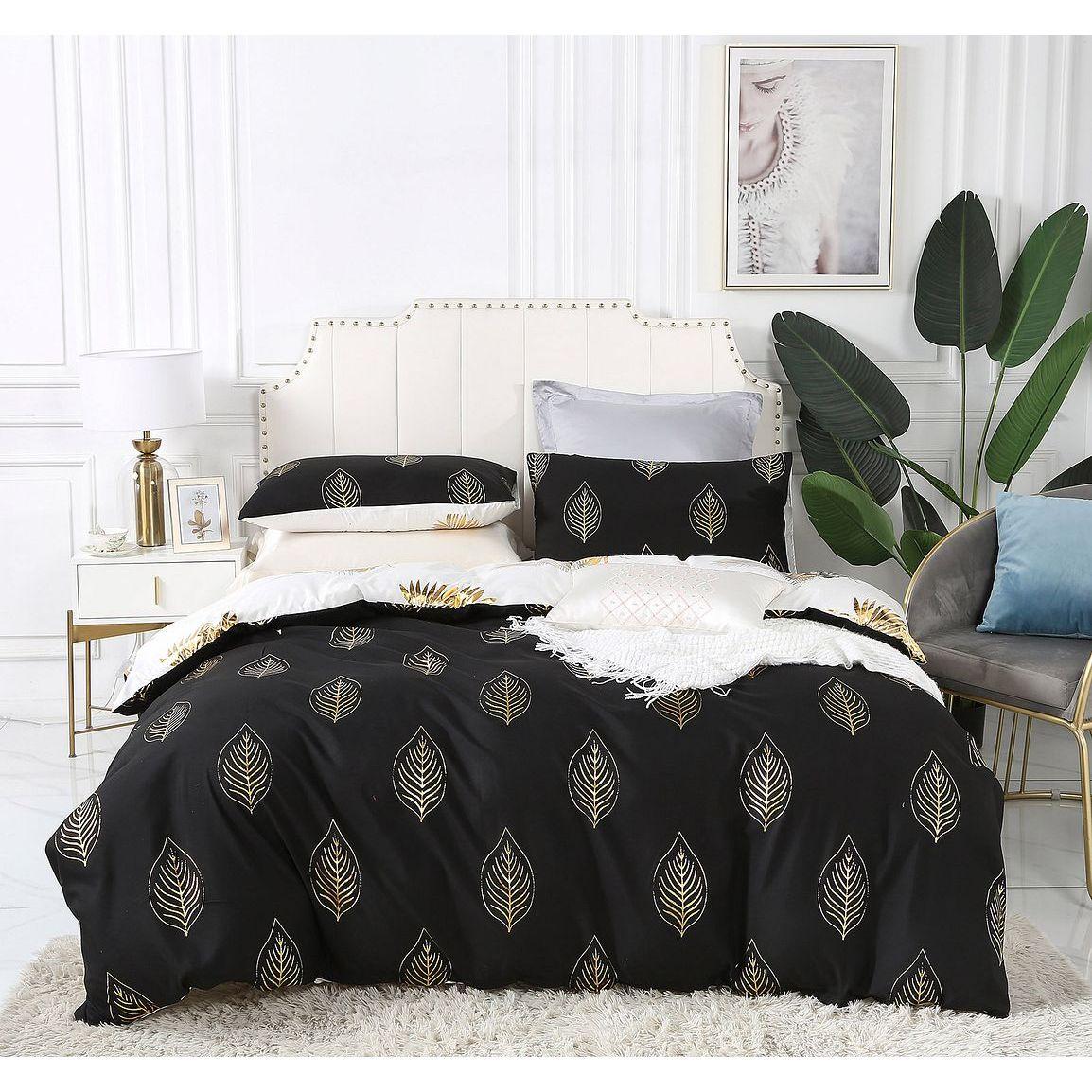 Reversible Design King Size Black Gold Duvet Doona Quilt Cover Set