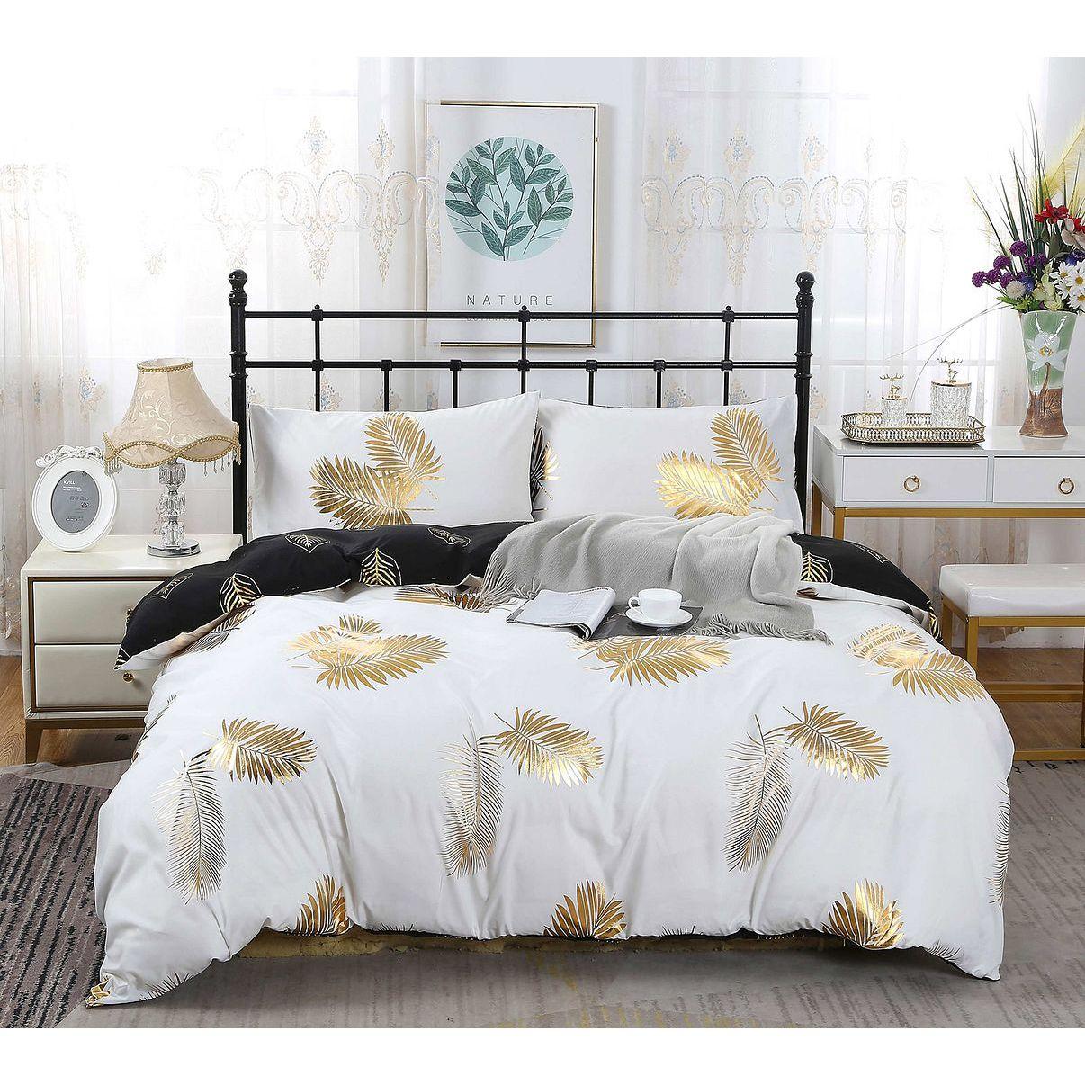 Reversible Design King Size Black Gold Duvet Doona Quilt Cover Set