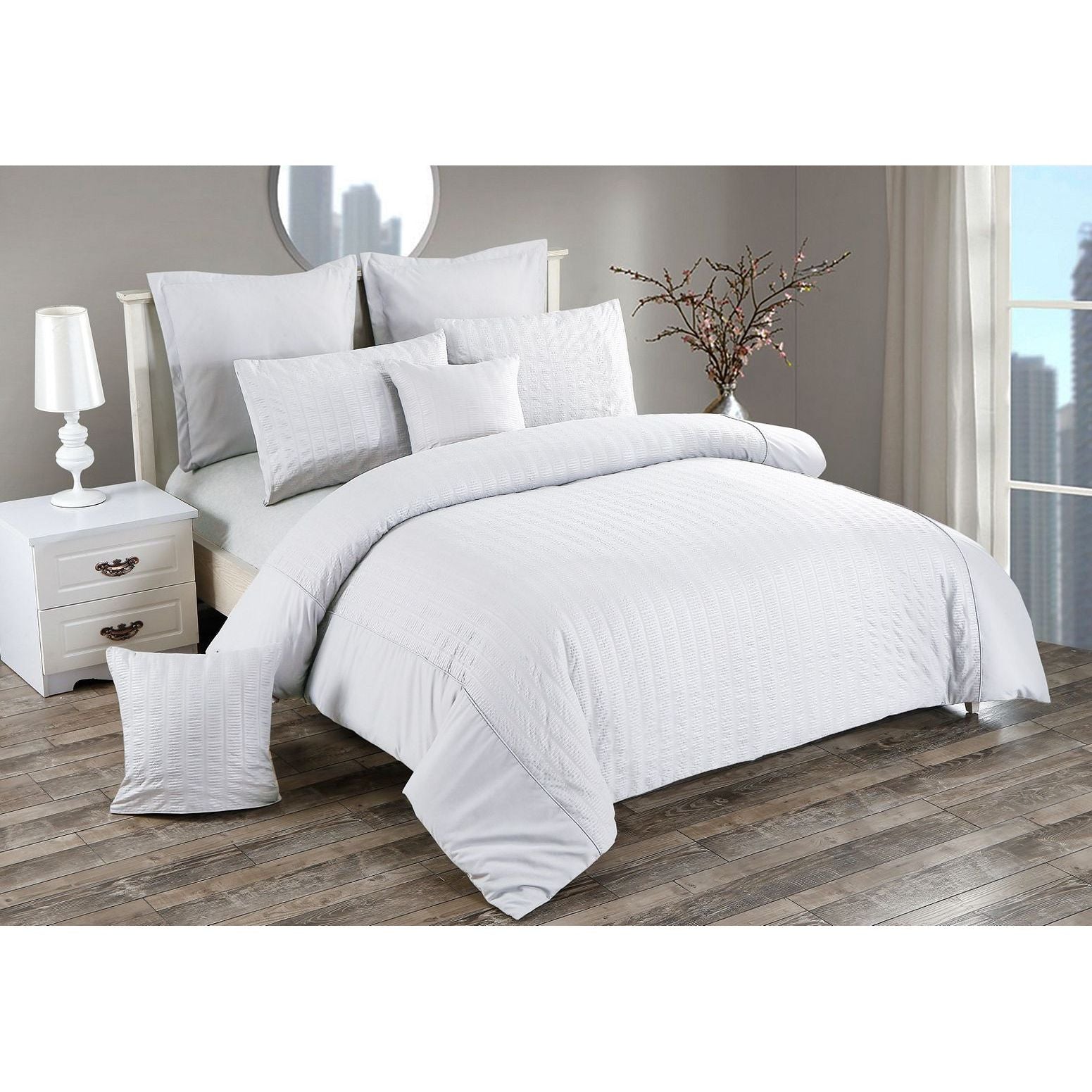 Seersucker Queen Size White Duvet Doona Quilt Cover Set