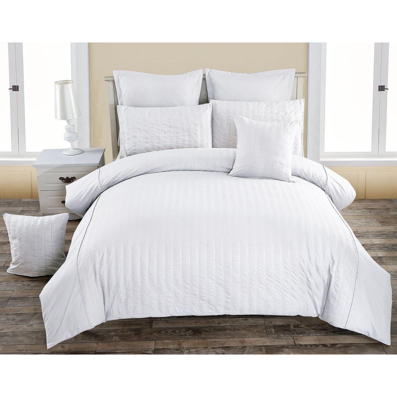 Seersucker Super King Size White Duvet Doona Quilt Cover Set
