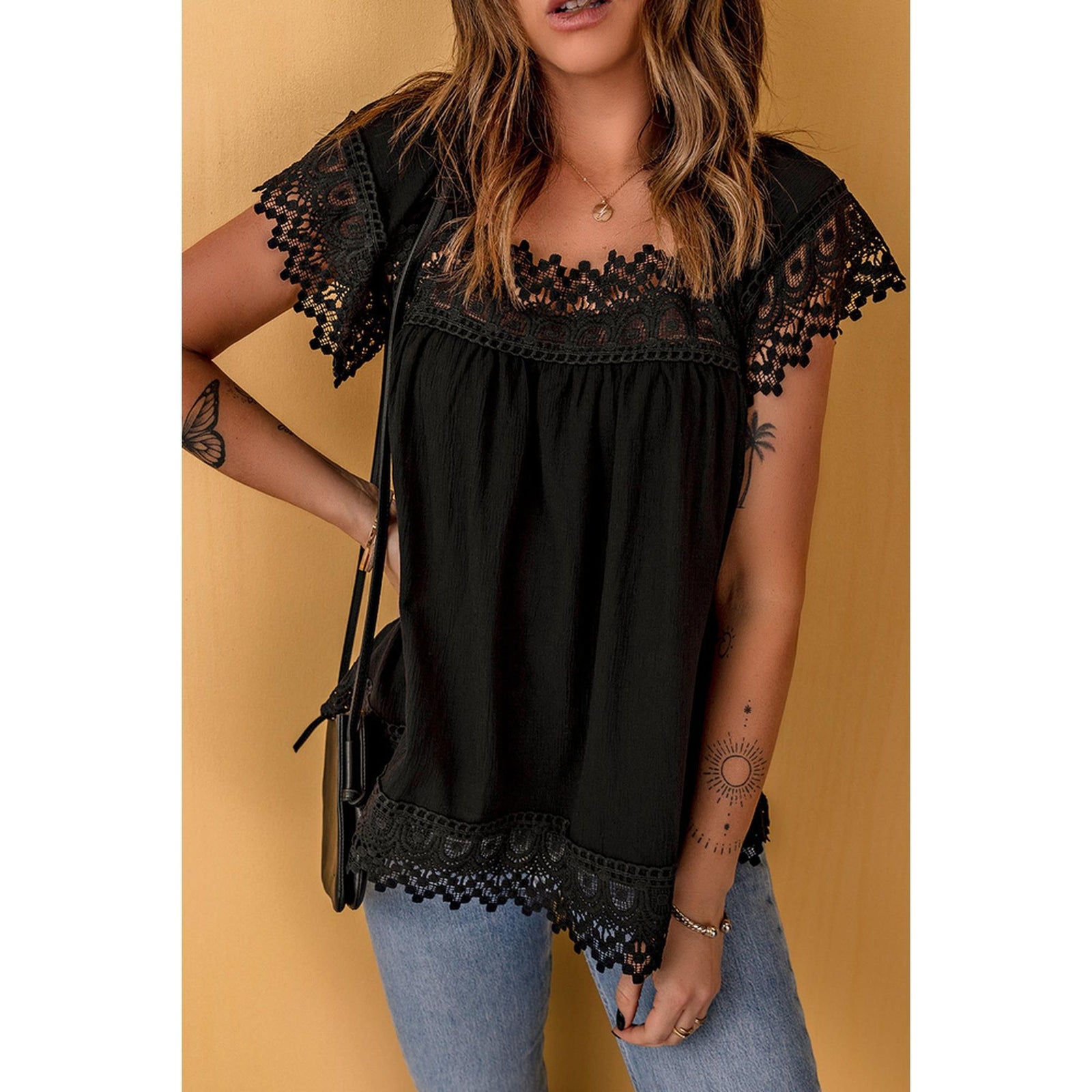 Azura Exchange Pom Pom Splicing Square Neck Blouse - XL