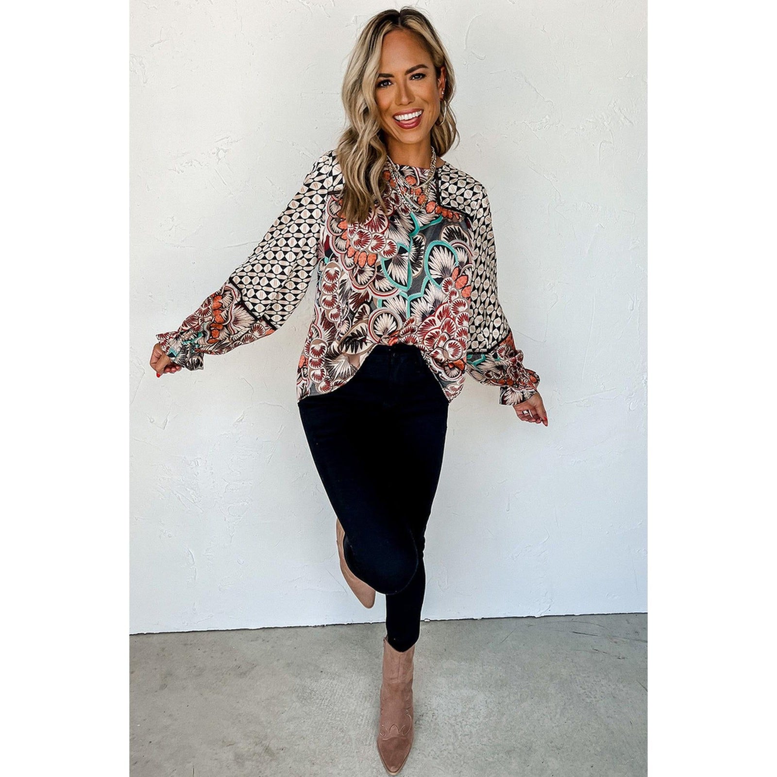 Azura Exchange Mixed Floral Geometric Print Ruffled Blouse - XL