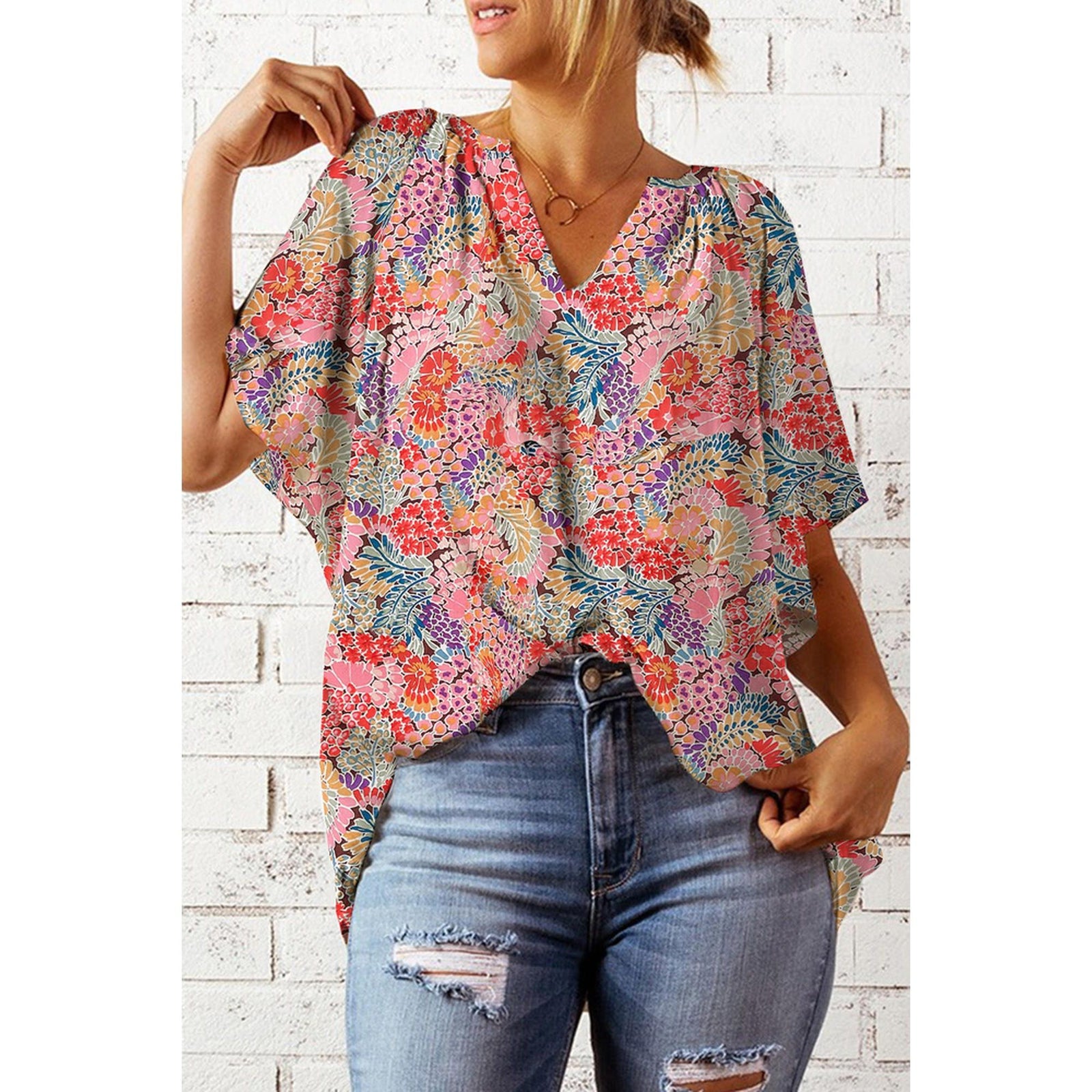 Azura Exchange Gorgeous Floral V-Neck Blouse - XL