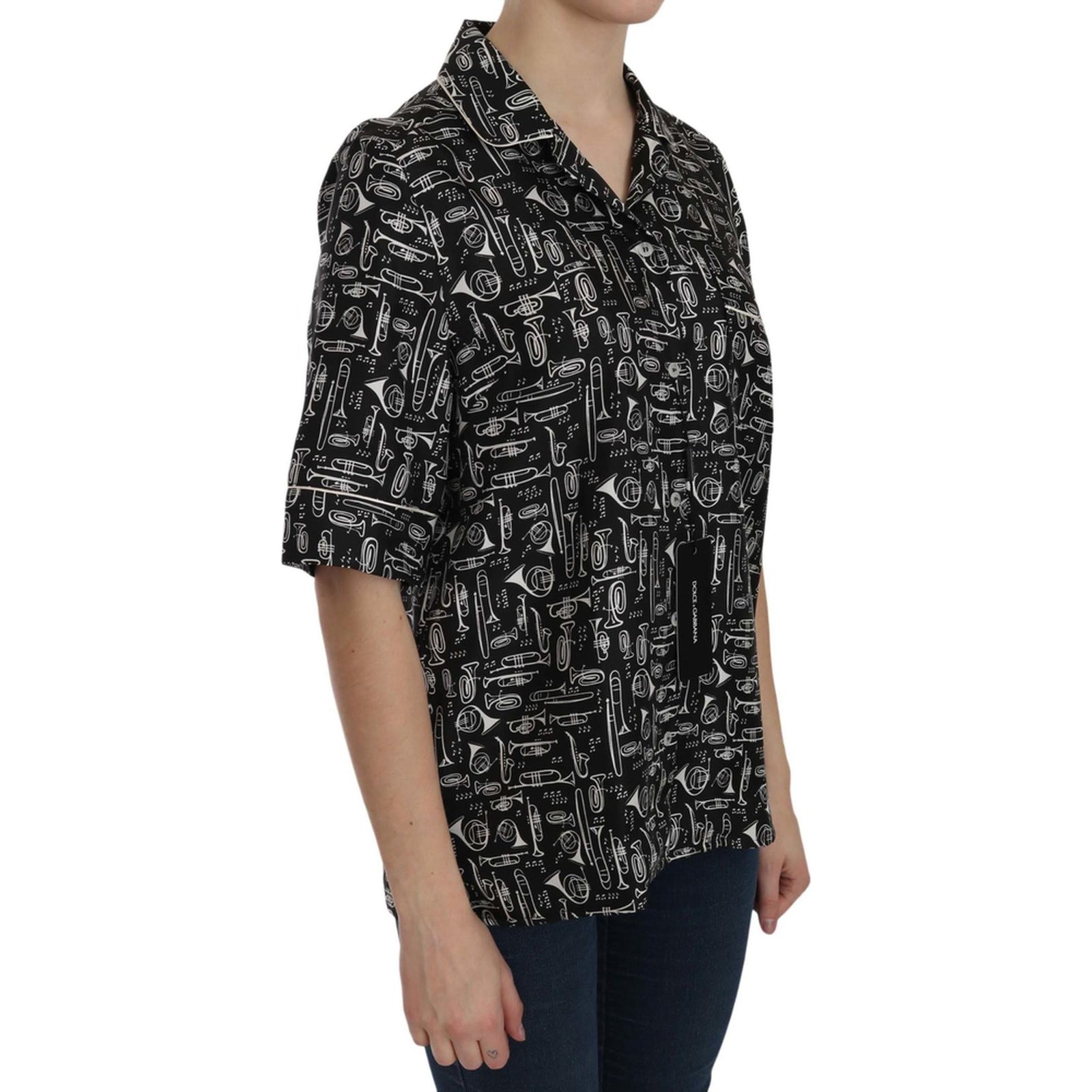 Musical Instrument Print Collared Top 44 IT Women