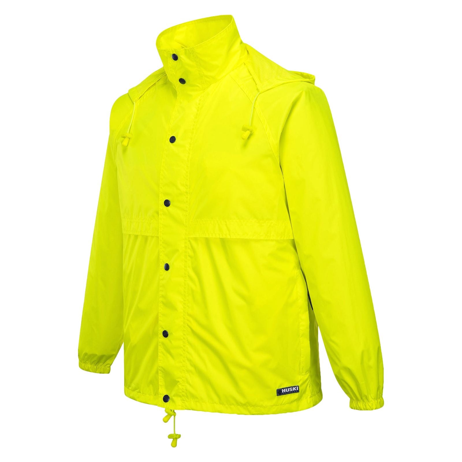 HUSKI STRATUS RAIN JACKET Waterproof Workwear Concealed Hood Windproof Packable - Yellow Fluro - S
