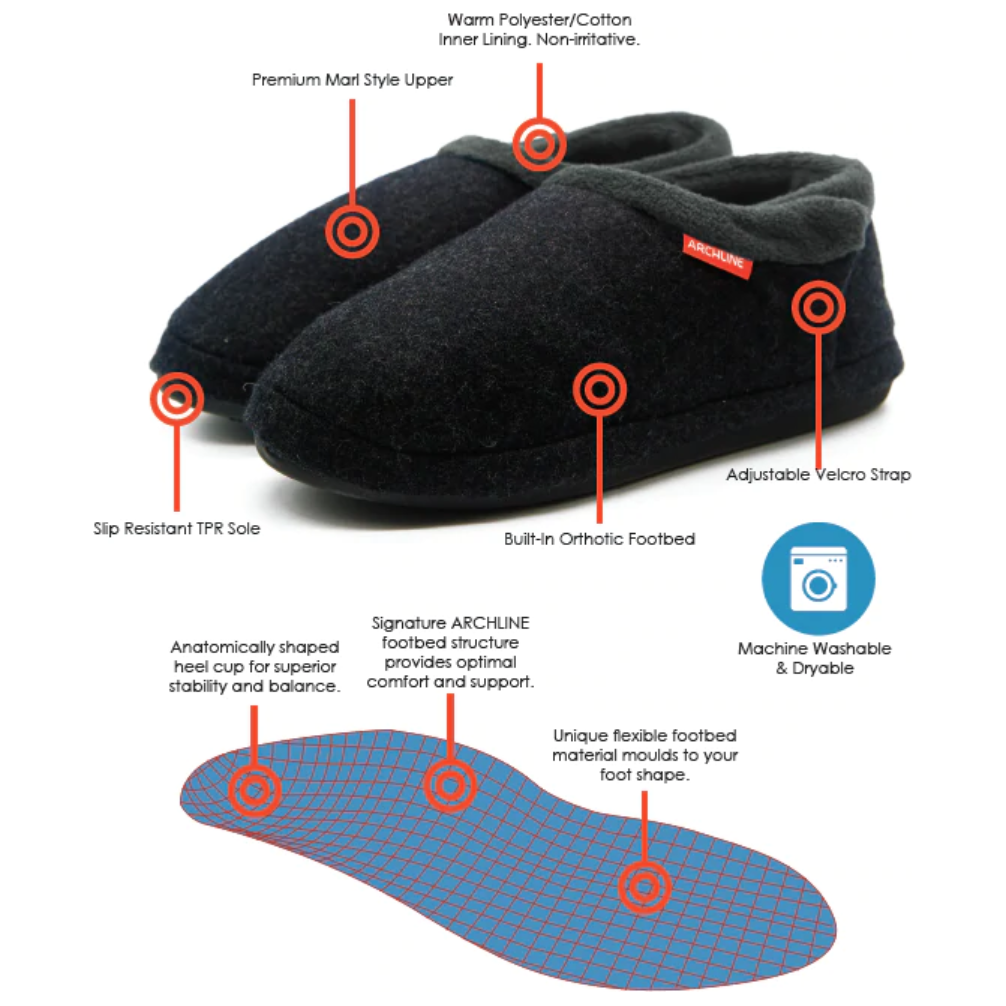 ARCHLINE Orthotic Slippers CLOSED Arch Scuffs Orthopedic Moccasins Shoes - Charcoal Marle - EUR 41