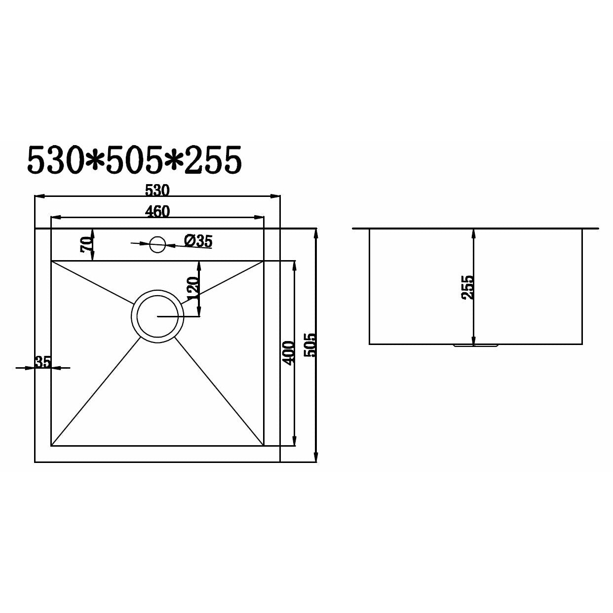 530x505mm Handmade Stainless Steel Topmount Kitchen Laundry Sink with Waste