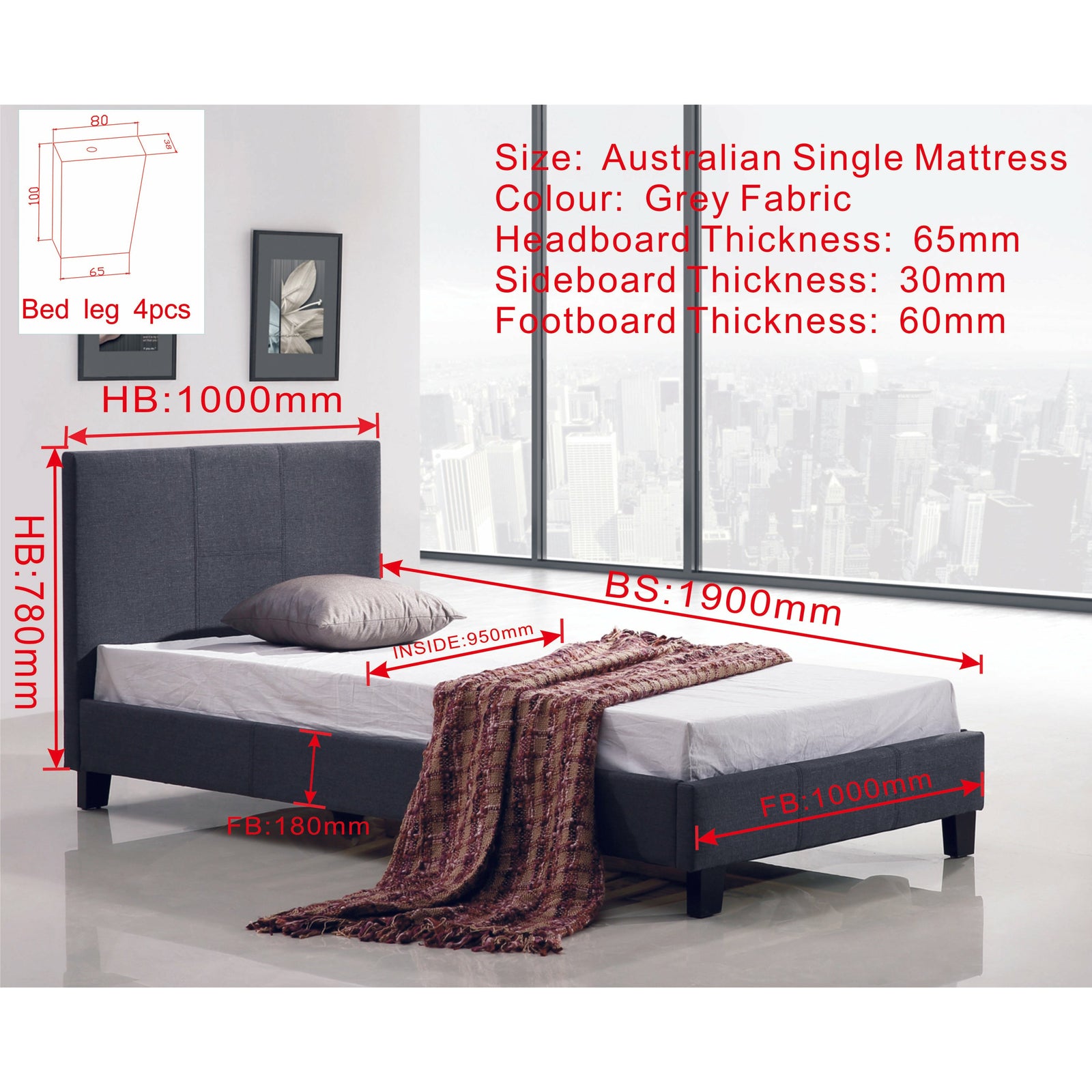 Single Linen Fabric Bed Frame Grey