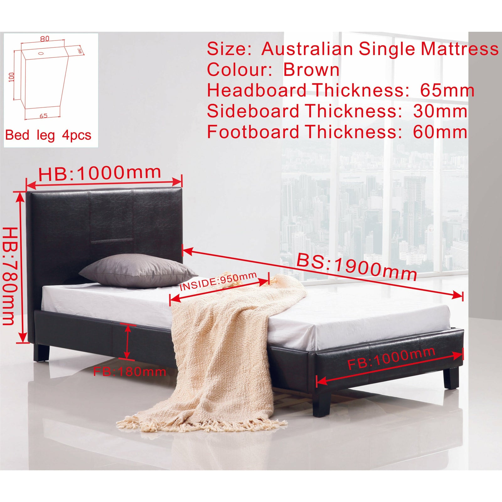 Single PU Leather Bed Frame Brown