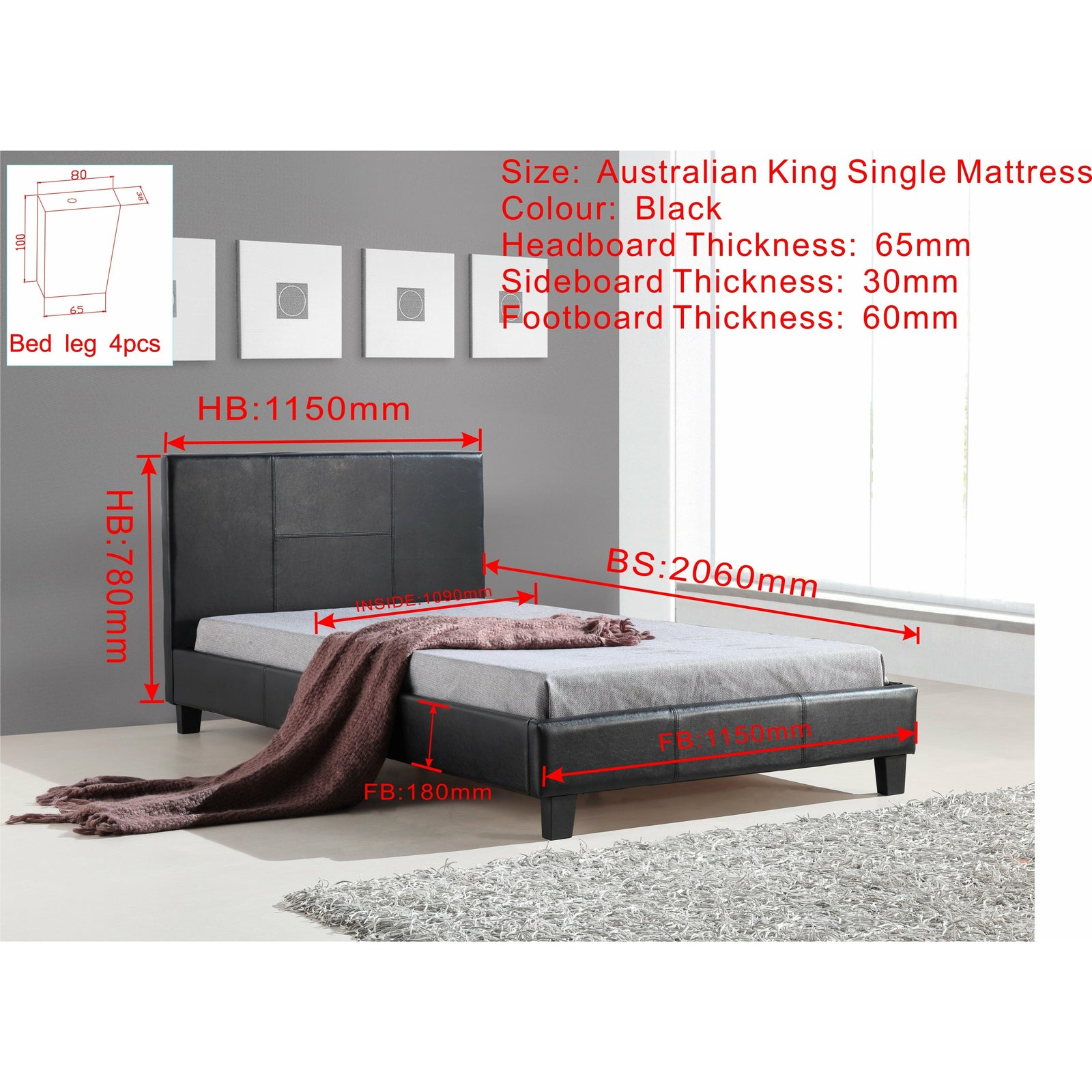 King Single PU Leather Bed Frame Black