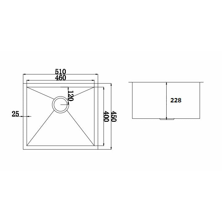 510x450mm Handmade Stainless Steel Undermount / Topmount Kitchen Laundry Sink with Waste