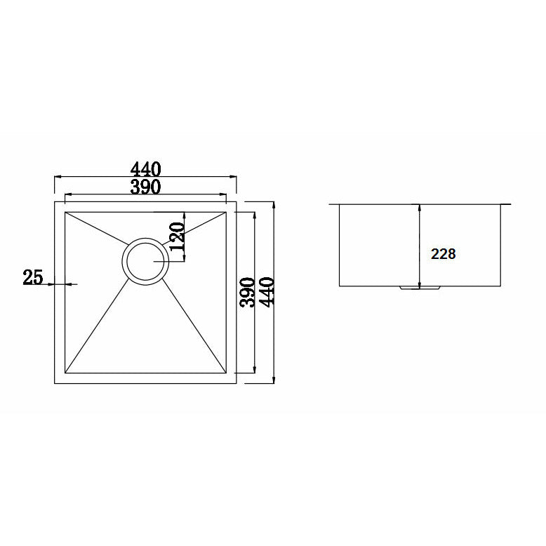 440x440mm Handmade Stainless Steel Undermount / Topmount Kitchen Laundry Sink with Waste