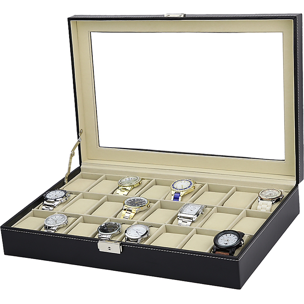 Watch Box - 24 Slot Luxury Display Case With Framed Glass Lid
