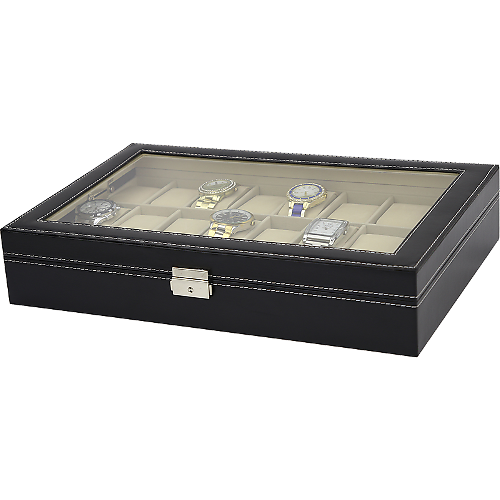 Watch Box - 24 Slot Luxury Display Case With Framed Glass Lid